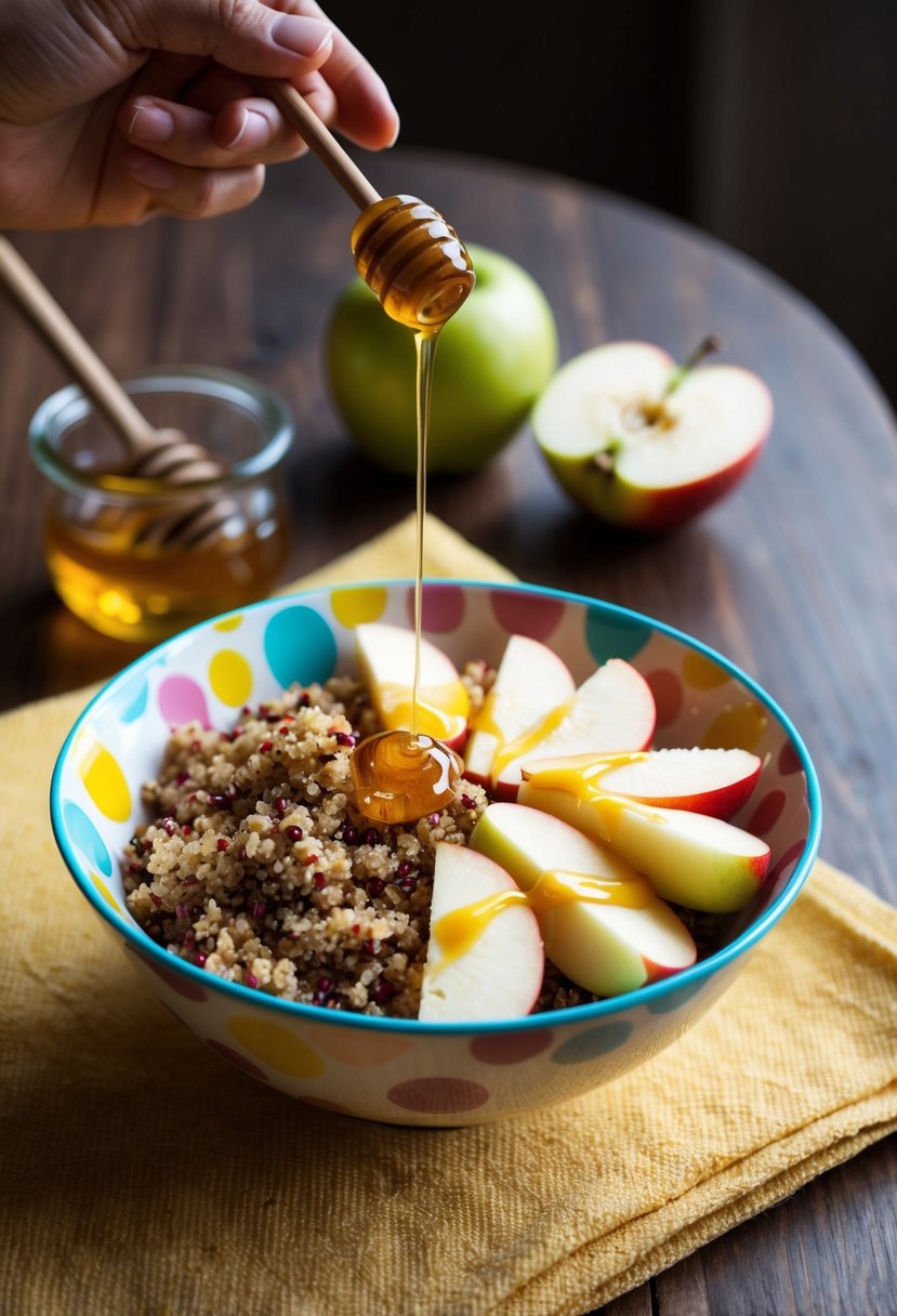 A colorful breakfast bowl filled with cooked quinoa, sliced apples, and a drizzle of honey, placed on a wooden table