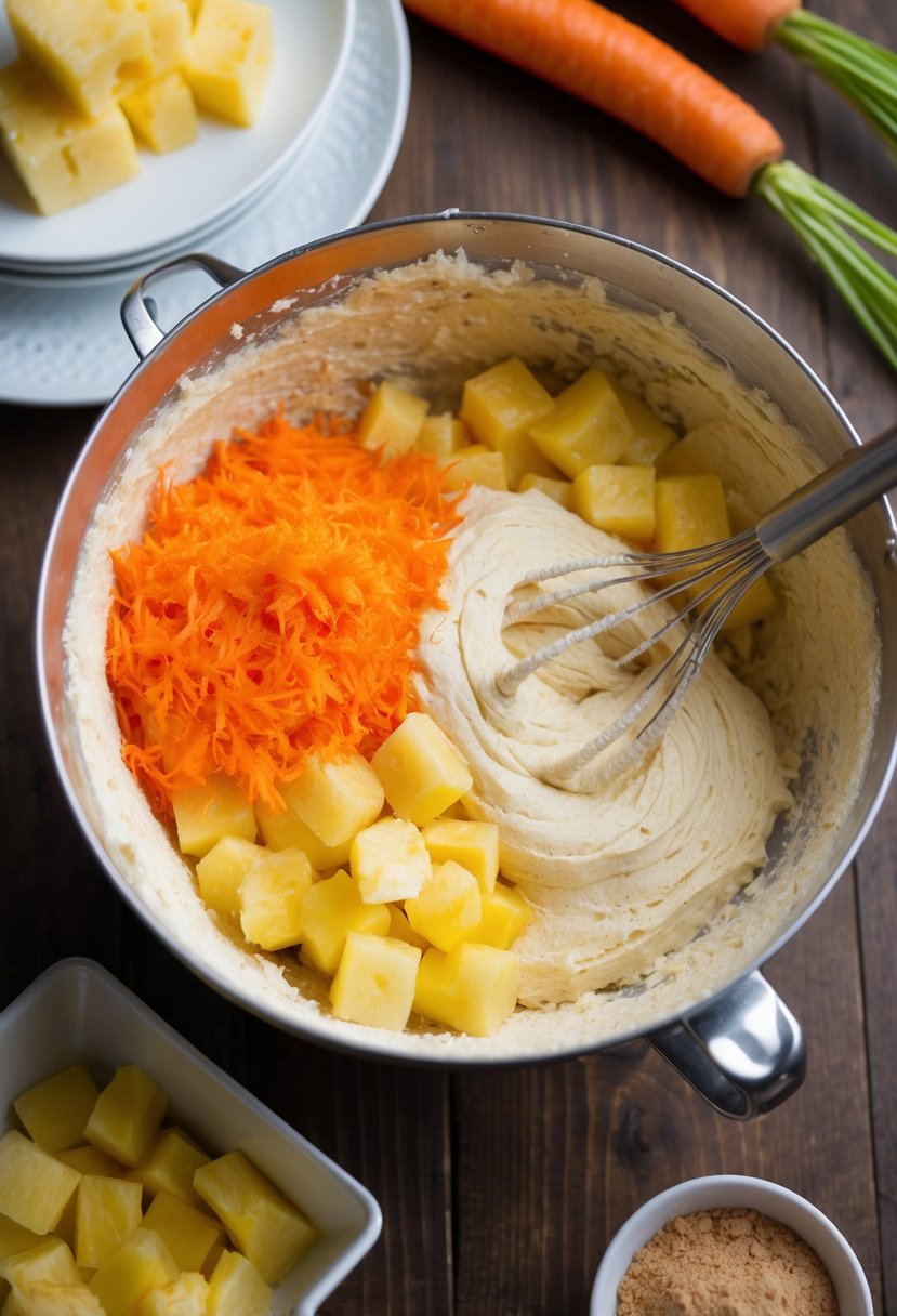 A mixing bowl filled with grated carrots, pineapple chunks, and cake batter being stirred together