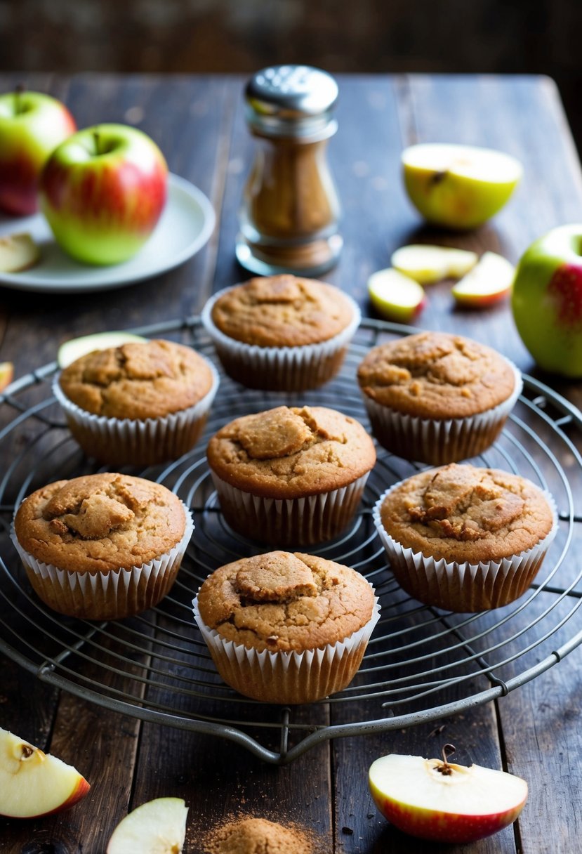 A rustic kitchen table with freshly baked gluten-free apple muffins cooling on a wire rack, surrounded by scattered apple slices and a cinnamon shaker