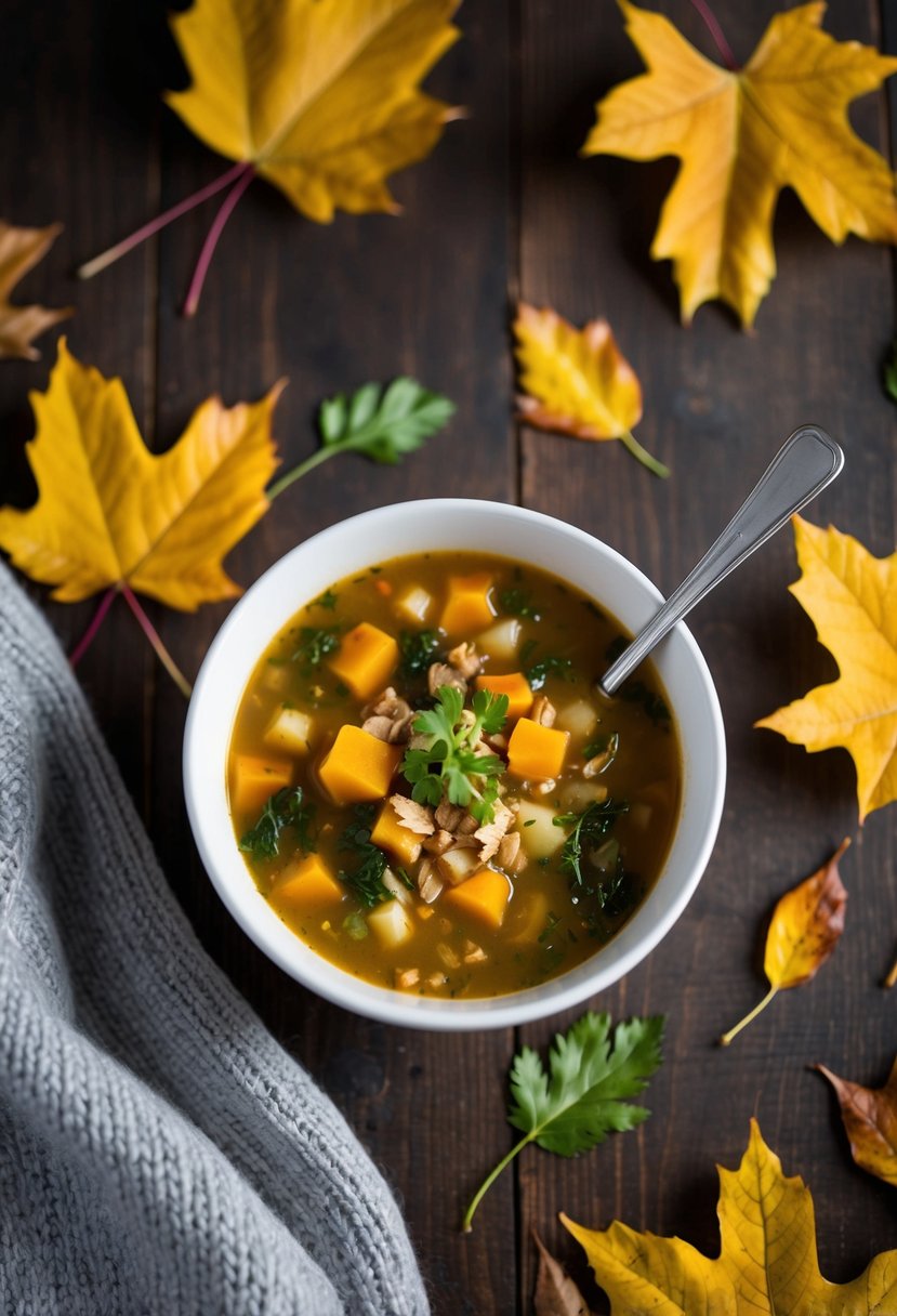 A steaming bowl of low-carb keto soup surrounded by autumn leaves and a cozy sweater