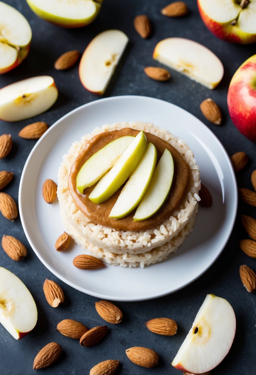 A plate of gluten-free rice cakes topped with sliced apples and almond butter, surrounded by scattered almonds and apple slices