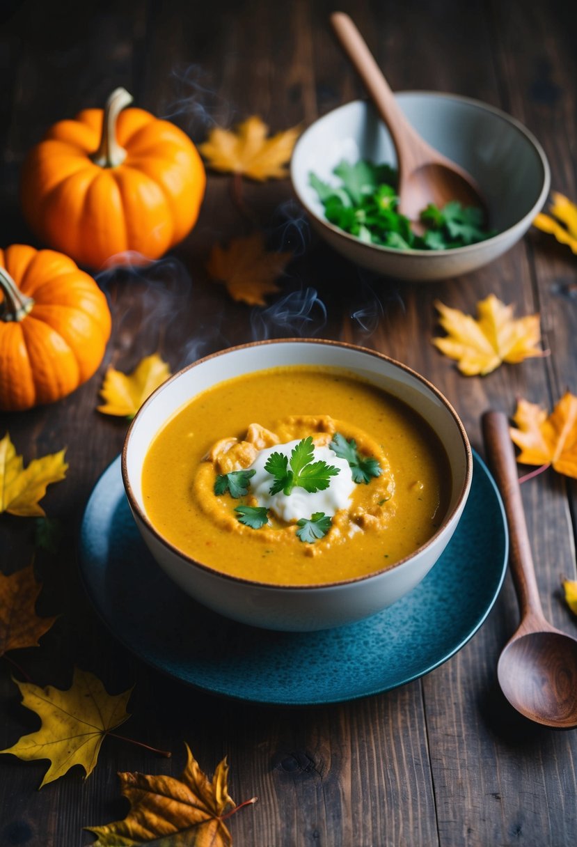 A steaming bowl of pumpkin coconut curry soup surrounded by fall leaves and a rustic wooden spoon