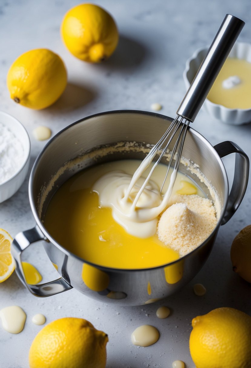 A mixing bowl with ingredients for Lemon Drizzle Cake, surrounded by lemons and a drizzle of icing