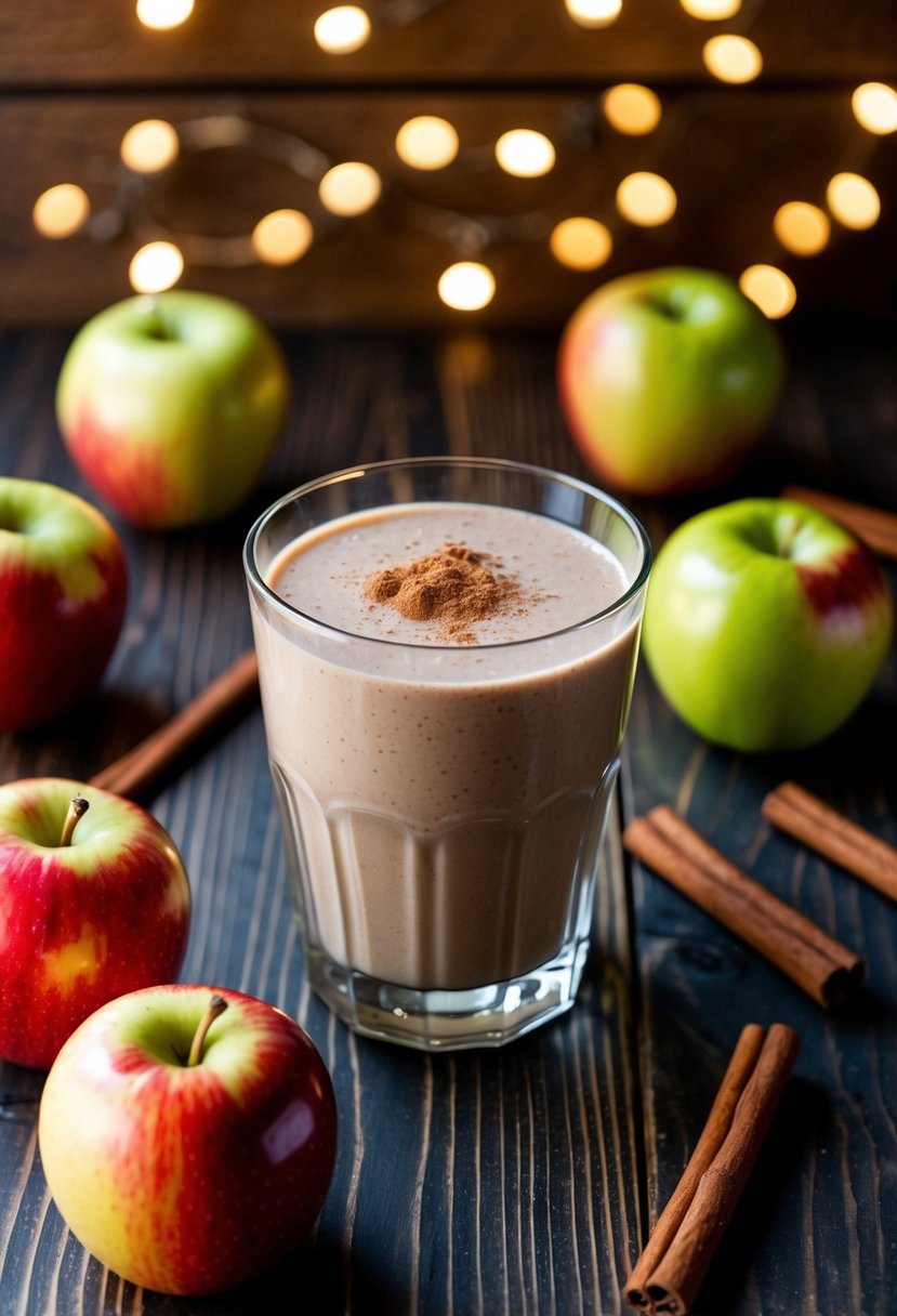 A glass of cinnamon apple smoothie surrounded by fresh apples and cinnamon sticks on a wooden table