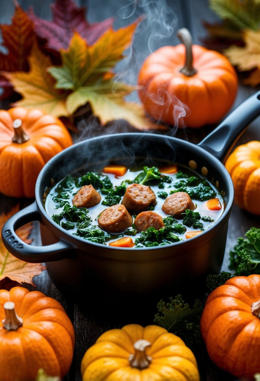 A steaming pot of spicy sausage kale soup surrounded by autumn leaves and pumpkins