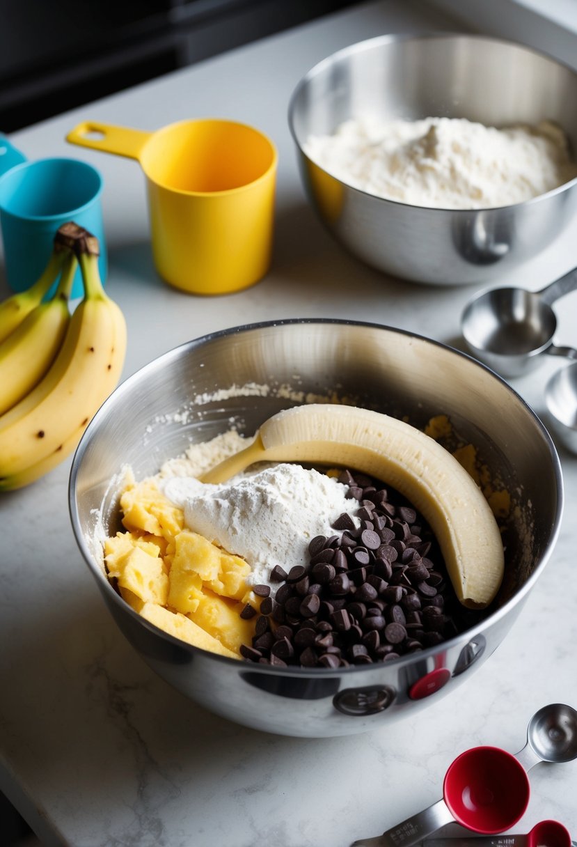 A mixing bowl with mashed bananas, chocolate chips, and flour, surrounded by measuring cups and spoons on a kitchen counter