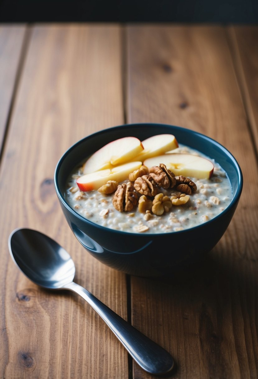 A bowl of overnight oats topped with sliced apples and walnuts on a wooden table