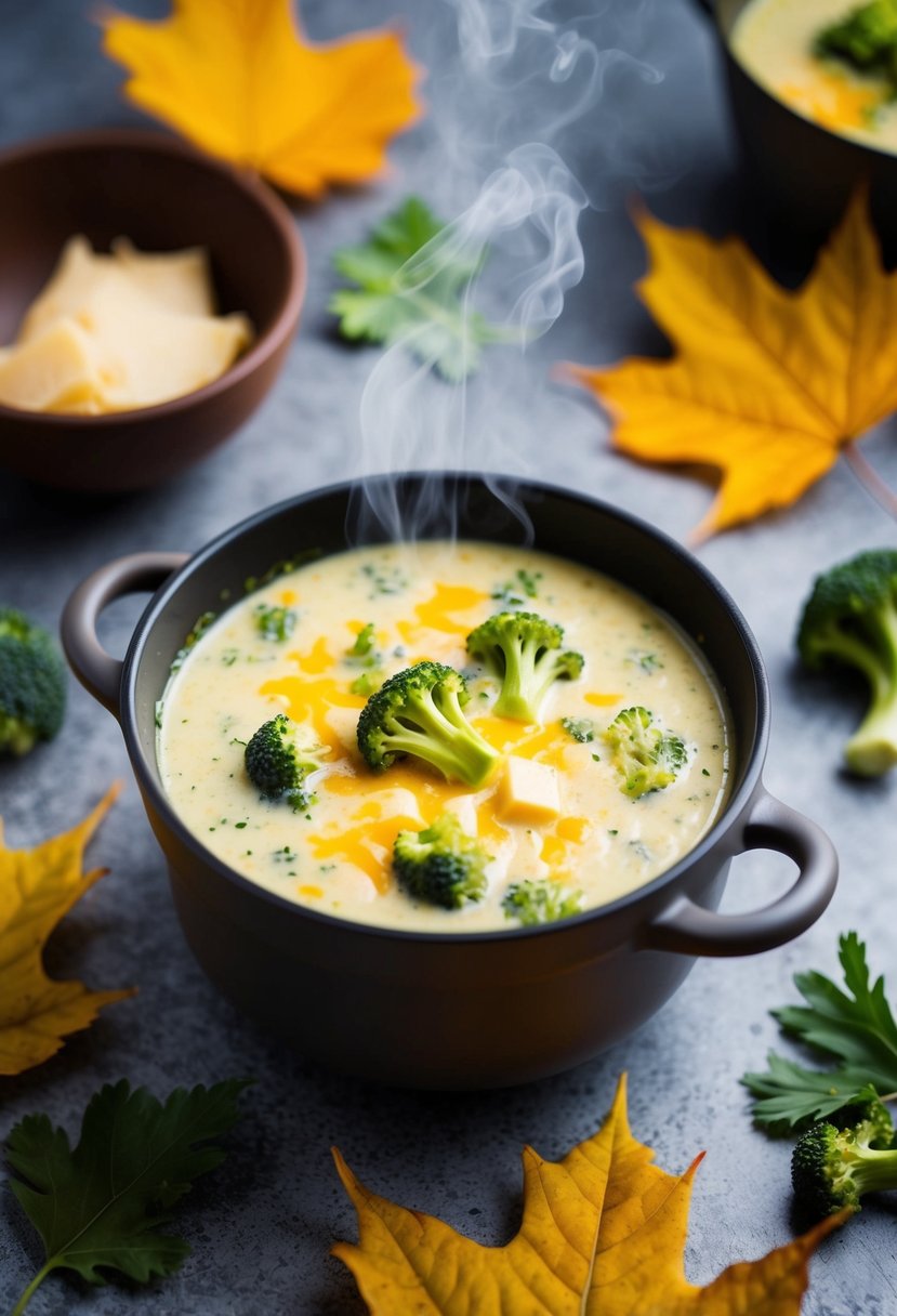 A steaming pot of cheesy broccoli soup surrounded by autumn leaves and a rustic bowl