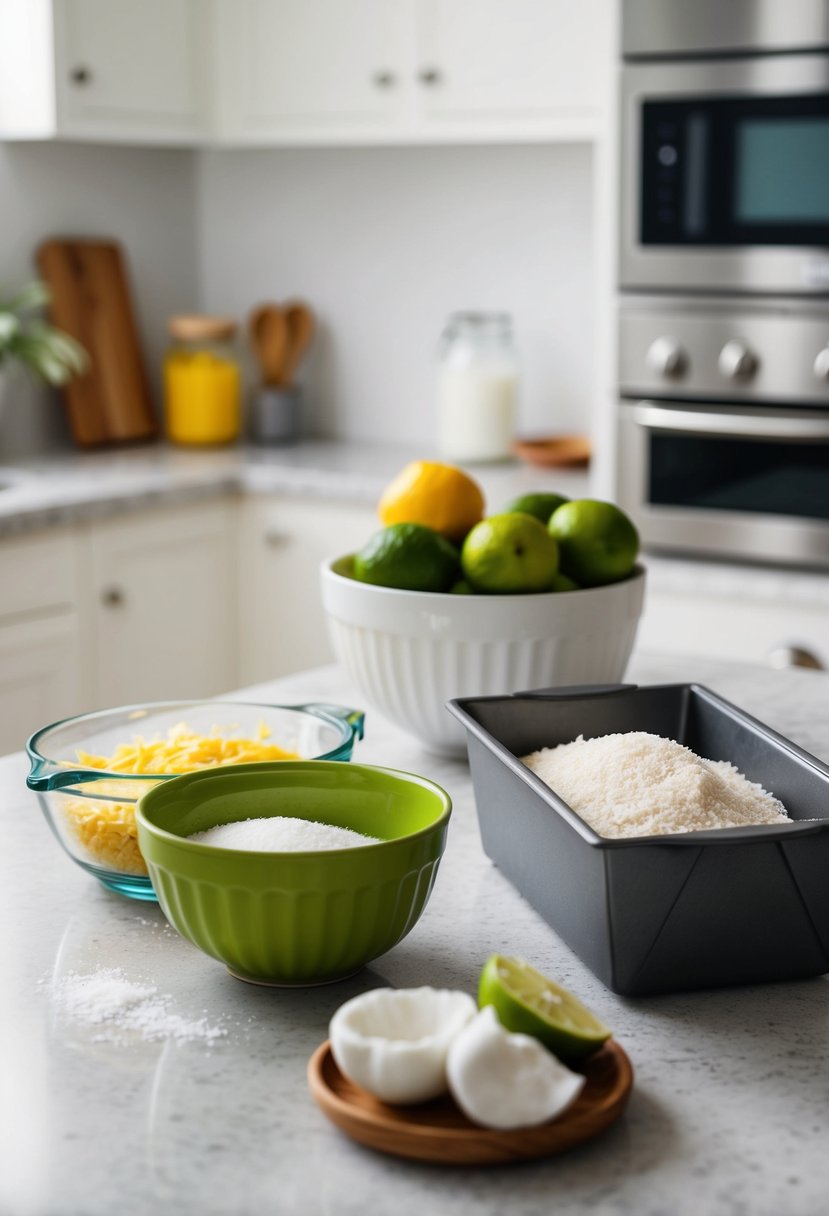 A kitchen counter with ingredients for Coconut Lime Loaf, mixing bowl, and a loaf pan