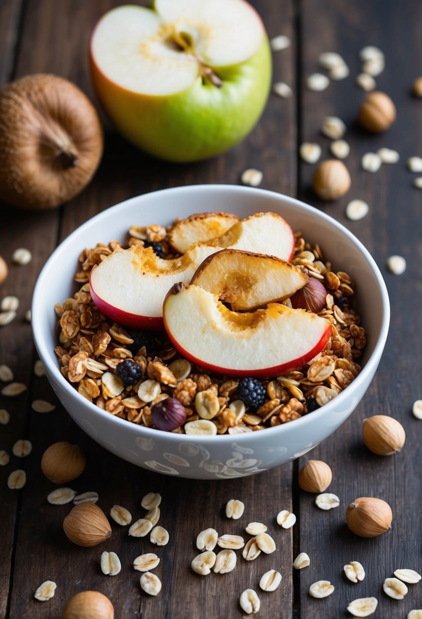 A bowl of gluten-free hazelnut granola topped with baked apple slices, surrounded by scattered oats and whole hazelnuts on a wooden breakfast table