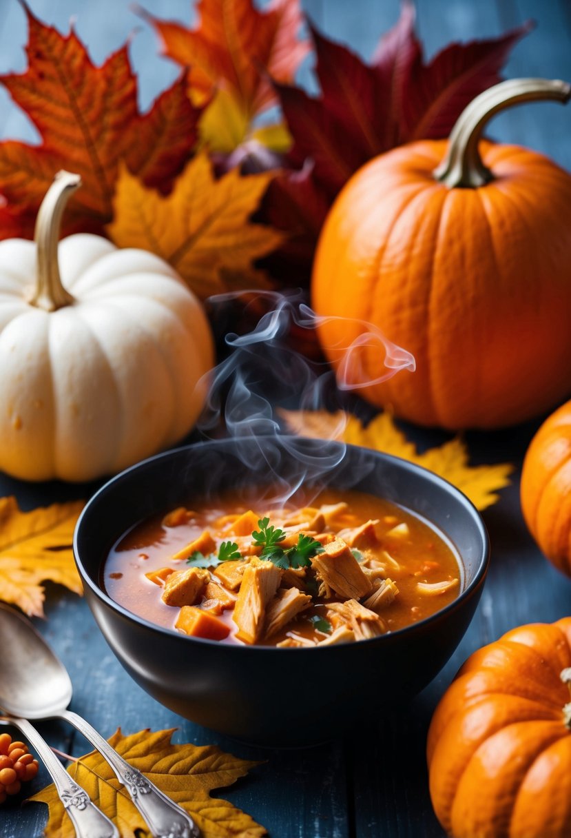 A steaming bowl of buffalo chicken soup surrounded by autumn leaves and pumpkins