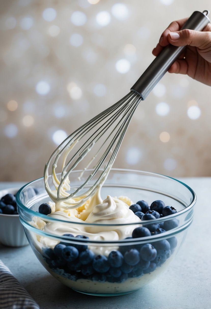 A mixing bowl filled with blueberries, sour cream, and cake batter being blended together with a whisk