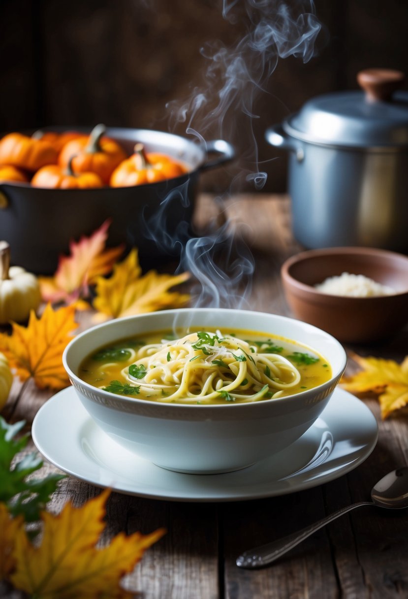 A steaming bowl of Italian Wedding Soup with zoodles surrounded by fall foliage and a rustic kitchen setting