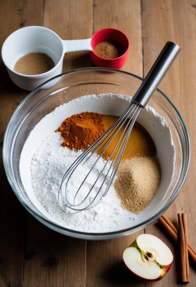 A mixing bowl with flour, sugar, and spices. A whisk and measuring cups on a wooden table. A slice of apple and cinnamon sticks nearby