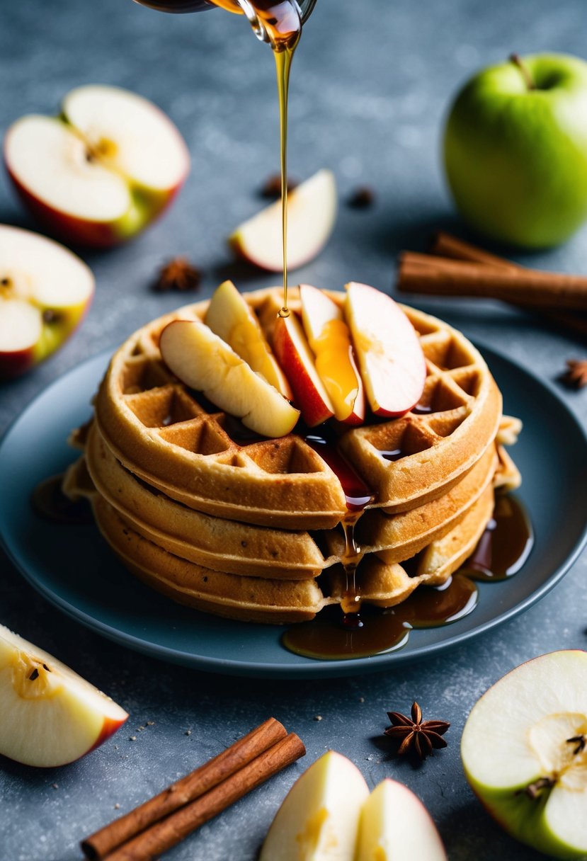 A plate of golden spiced apple waffles topped with sliced apples and a drizzle of syrup, surrounded by scattered cinnamon sticks and apple slices