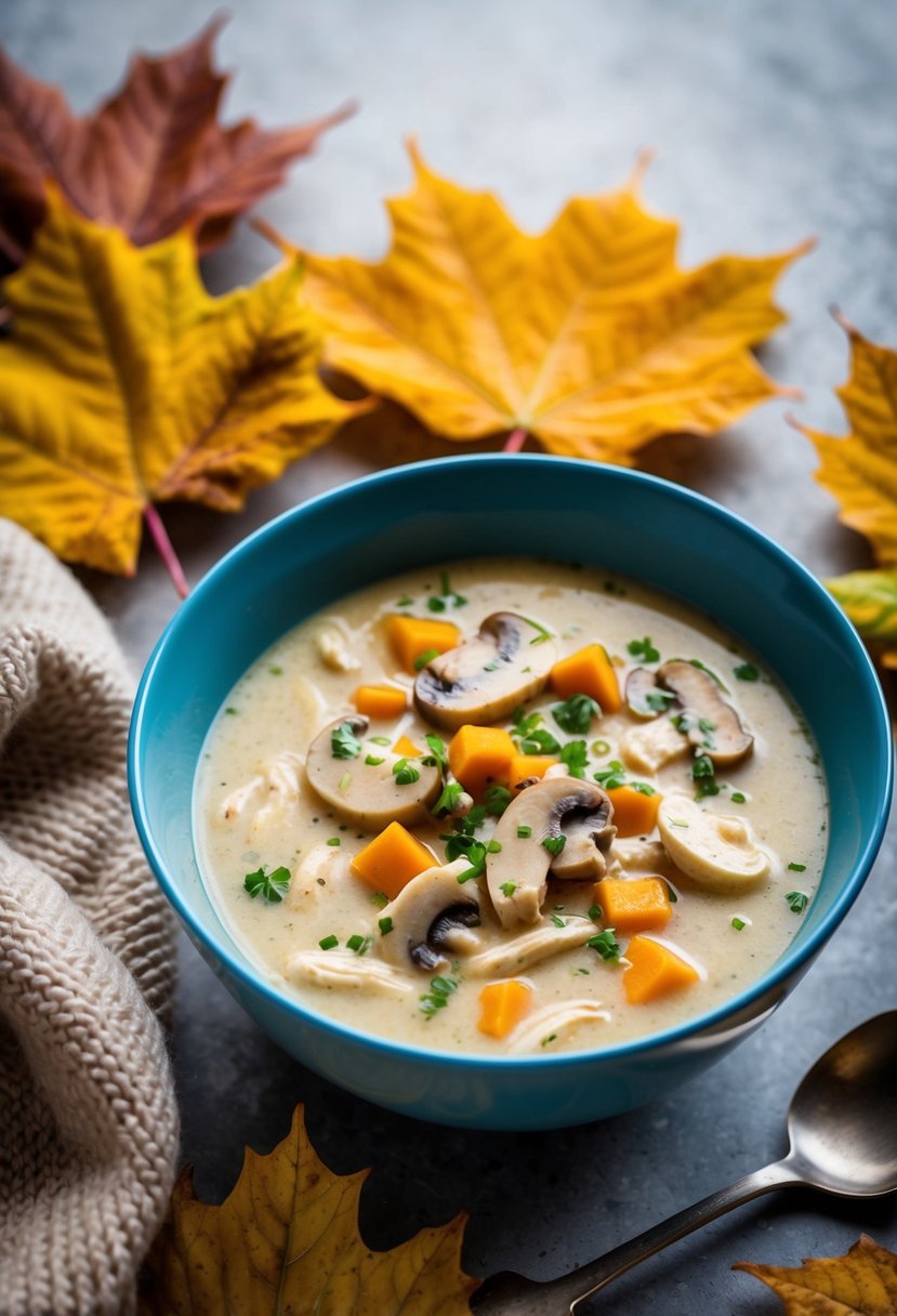 A steaming bowl of creamy chicken mushroom soup surrounded by autumn leaves and a cozy sweater