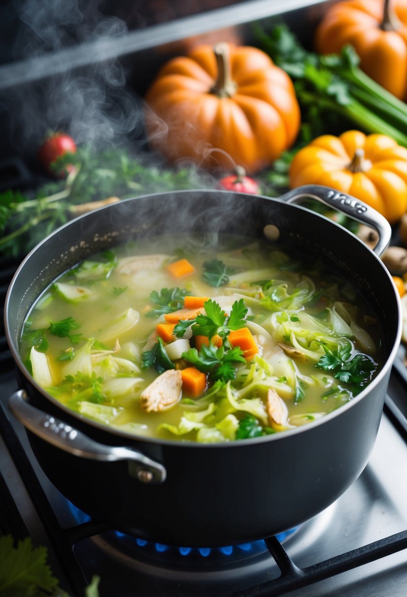 A steaming pot of Thai cabbage chicken soup simmering on a stovetop, surrounded by fall vegetables and herbs