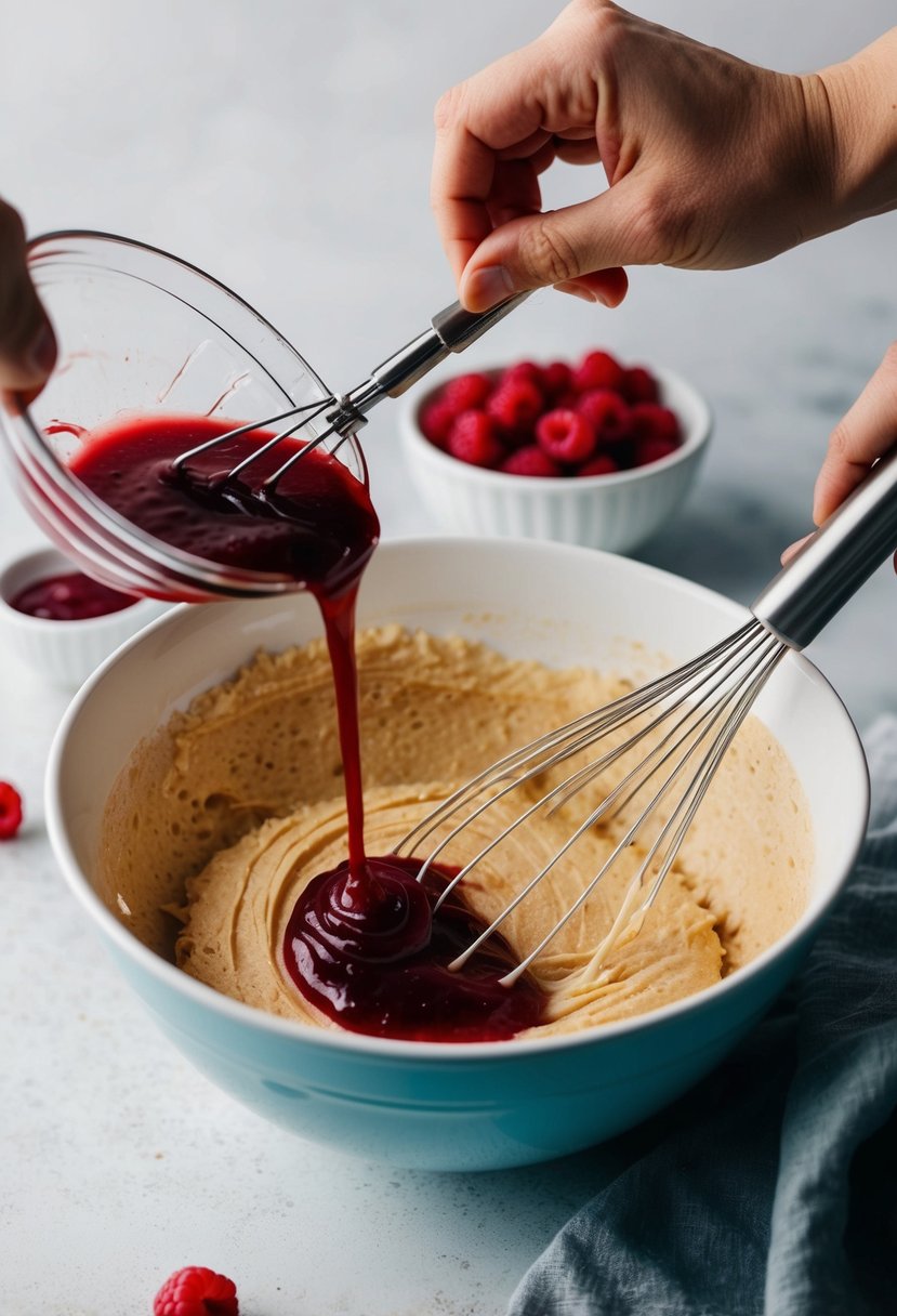 A mixing bowl filled with batter, a swirl of raspberry sauce being poured on top, and a hand whisking the ingredients together