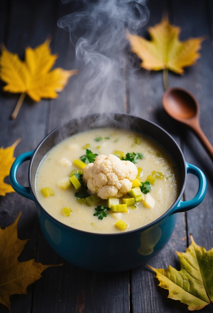 A steaming pot of cauliflower leek soup surrounded by autumn leaves and a rustic wooden spoon