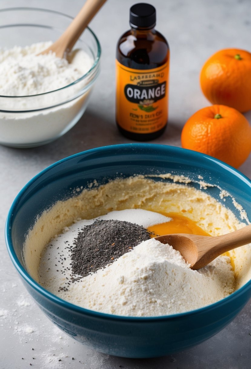 A mixing bowl with flour, sugar, and poppy seeds sits next to a bottle of orange extract. A wooden spoon stirs the ingredients together, creating a thick batter