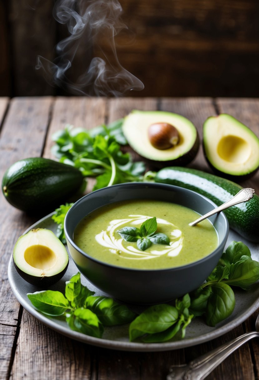 A steaming bowl of creamy green soup surrounded by fresh zucchinis and ripe avocados on a rustic wooden table