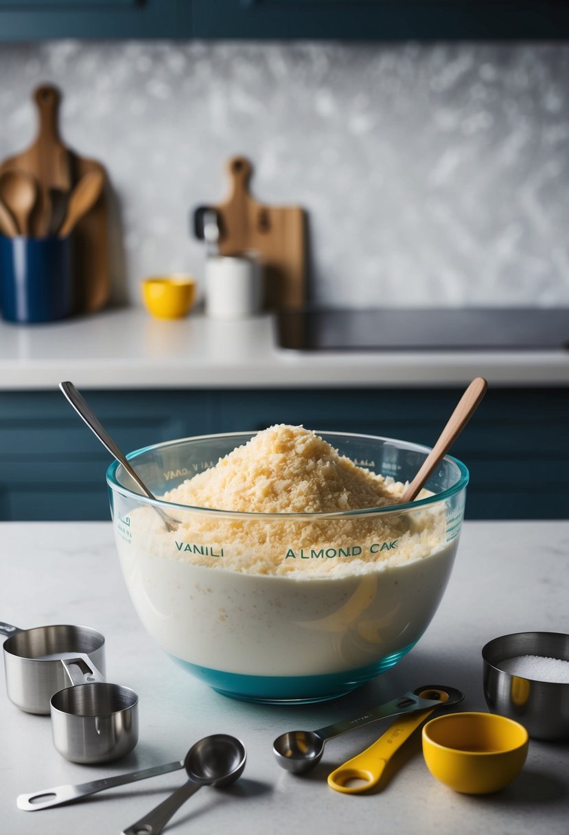 A mixing bowl filled with ingredients for vanilla almond cake, surrounded by measuring cups and spoons on a kitchen counter