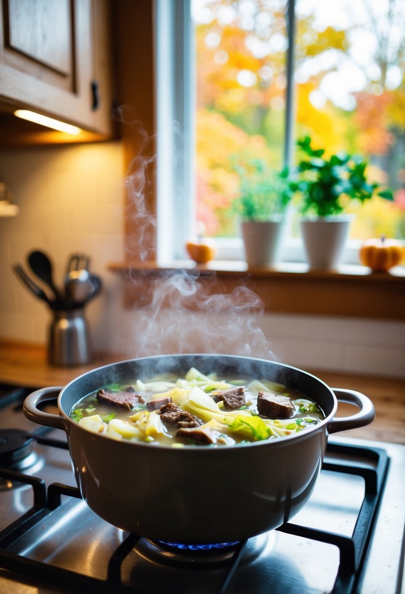 A steaming pot of beef and cabbage soup simmering on a stove in a cozy kitchen with fall foliage visible through the window