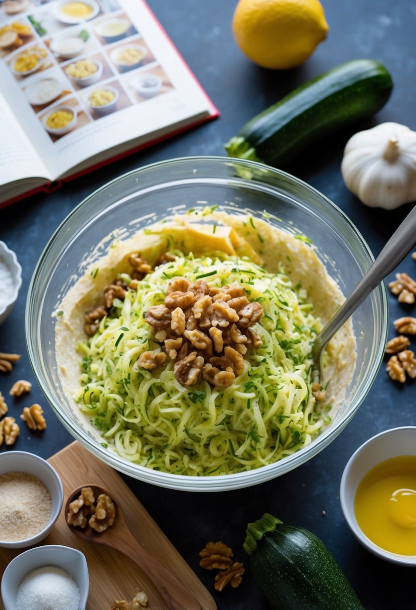 A mixing bowl filled with grated zucchini, walnuts, and batter, surrounded by ingredients and a recipe book