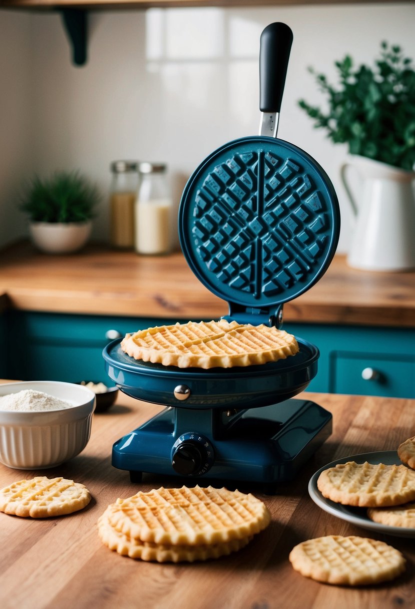 A pizzelle maker surrounded by ingredients and finished cookies on a wooden countertop