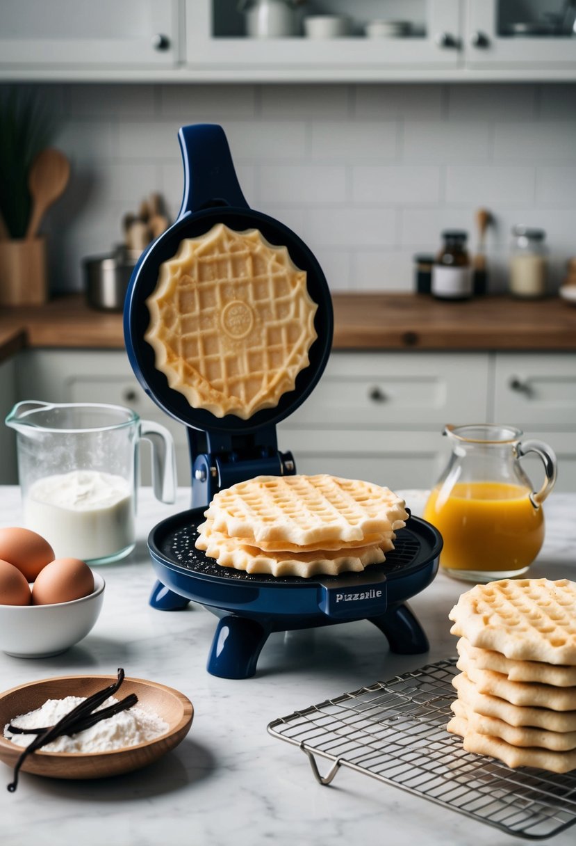 A pizzelle maker sits on a kitchen counter surrounded by ingredients like flour, sugar, eggs, and vanilla extract. A stack of classic vanilla pizzelles cools on a wire rack nearby