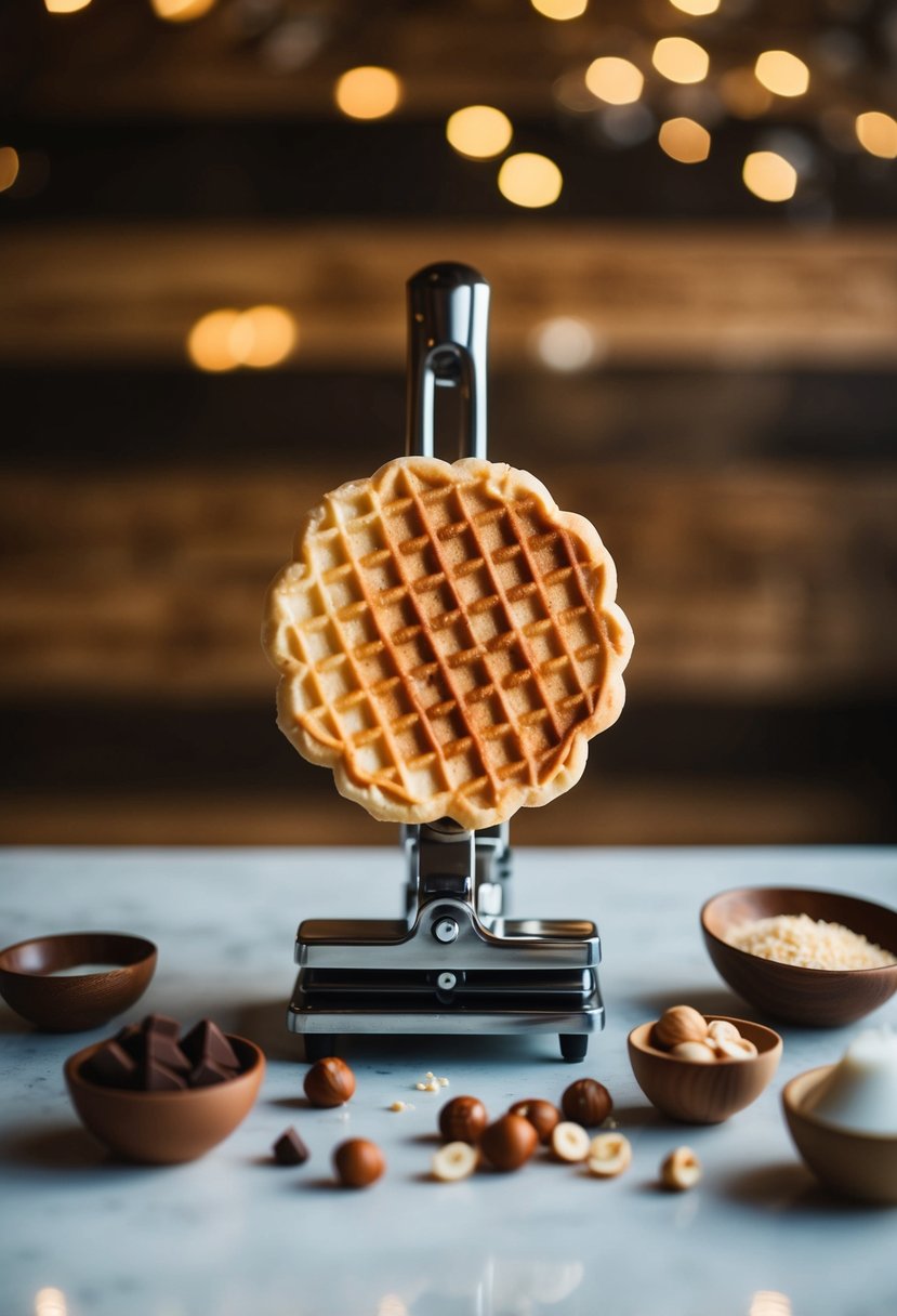 A pizzelle maker surrounded by ingredients for chocolate hazelnut pizzelle