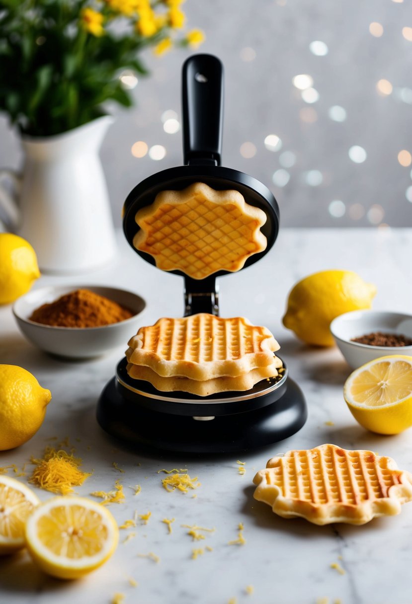 A pizzelle maker surrounded by lemon zest and recipe ingredients