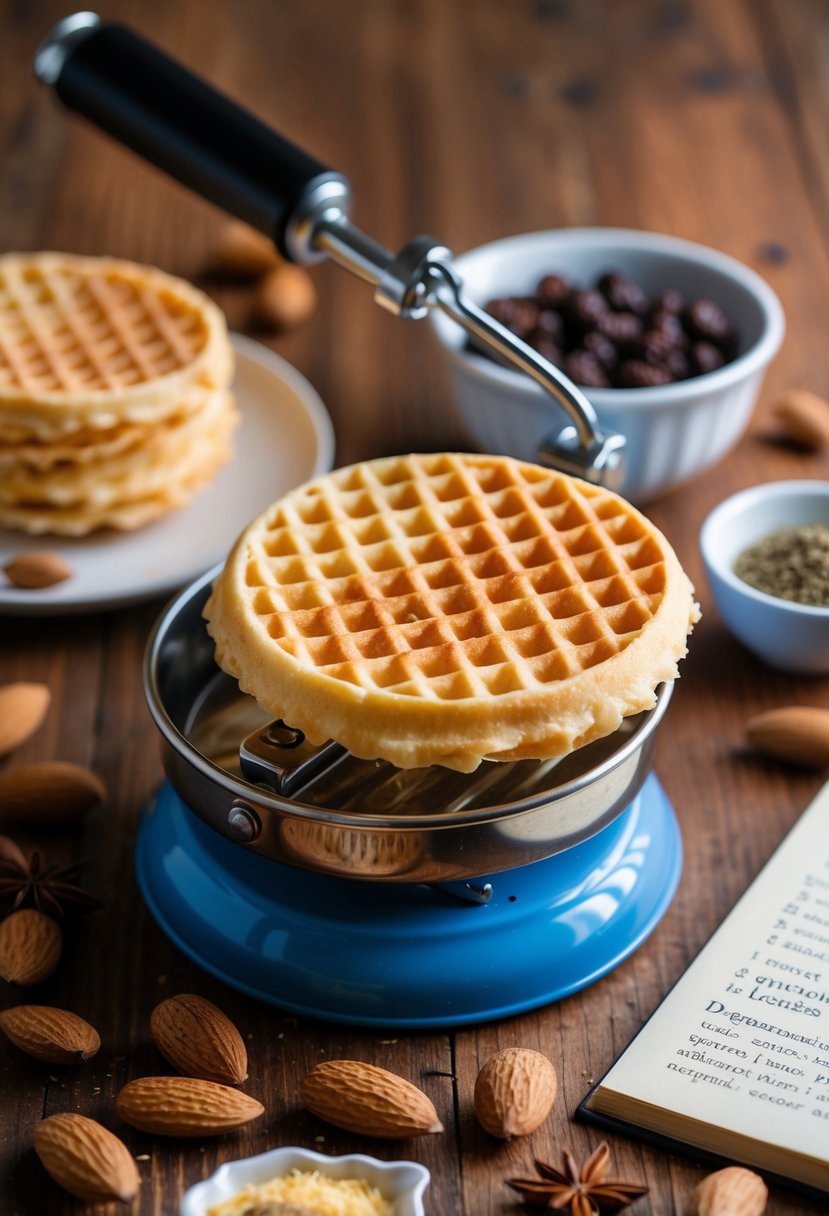 A pizzelle maker surrounded by almonds and anise, with ingredients and a recipe book nearby