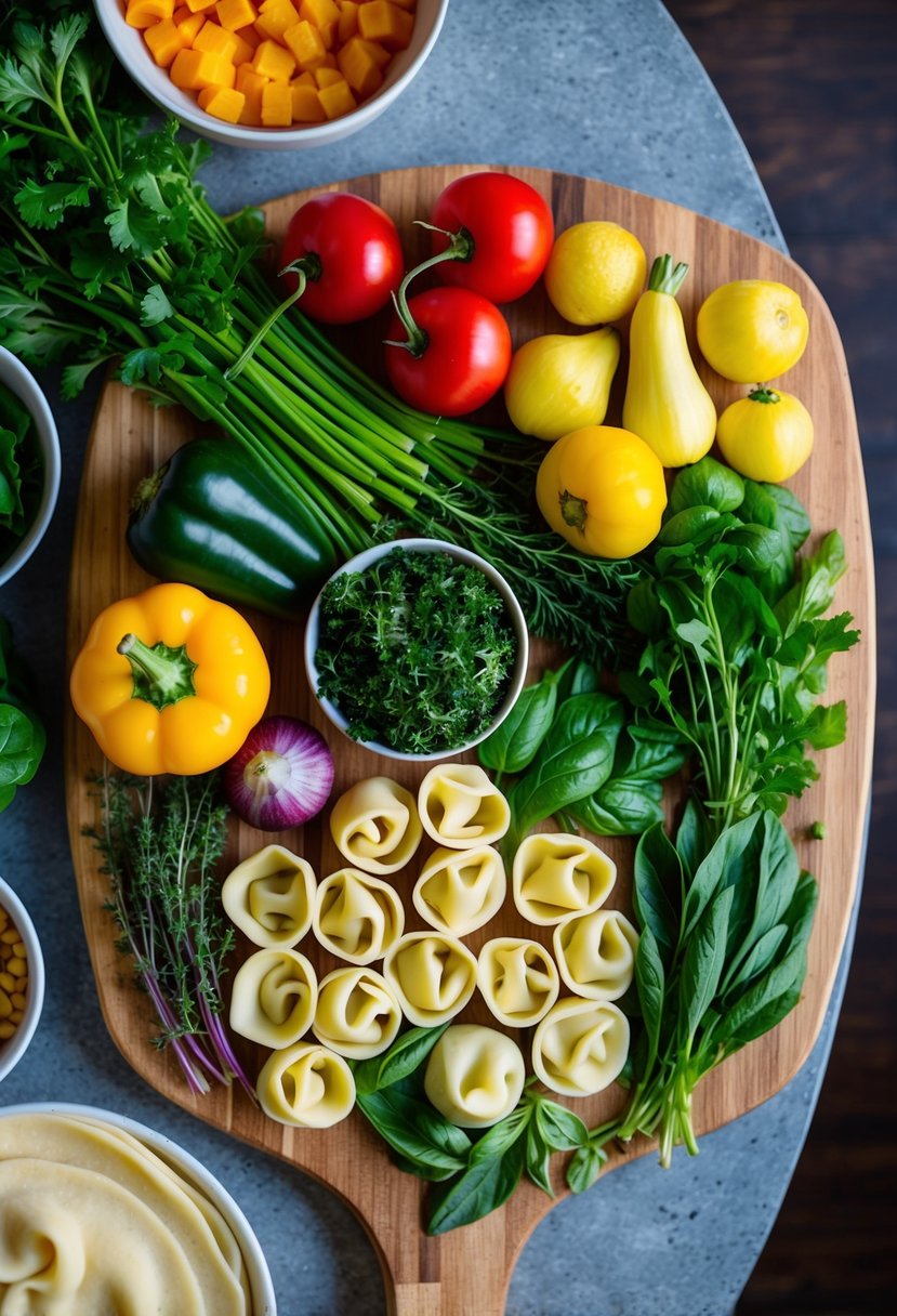 A colorful array of fresh vegetables, herbs, and pasta dough arranged on a wooden cutting board, ready to be crafted into delicious vegan tortellini