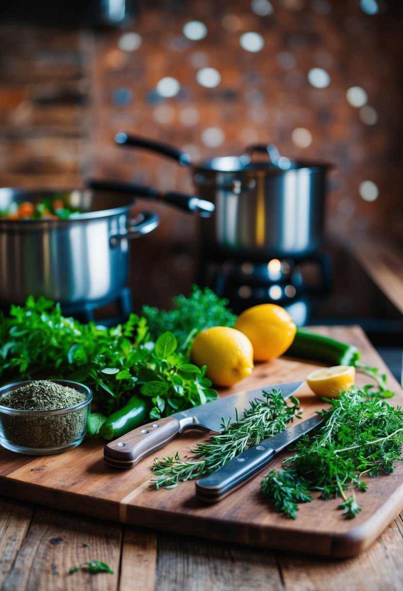 A rustic wooden table set with a variety of fresh herbs, cutting board, and knife. A pot simmers on the stove in the background