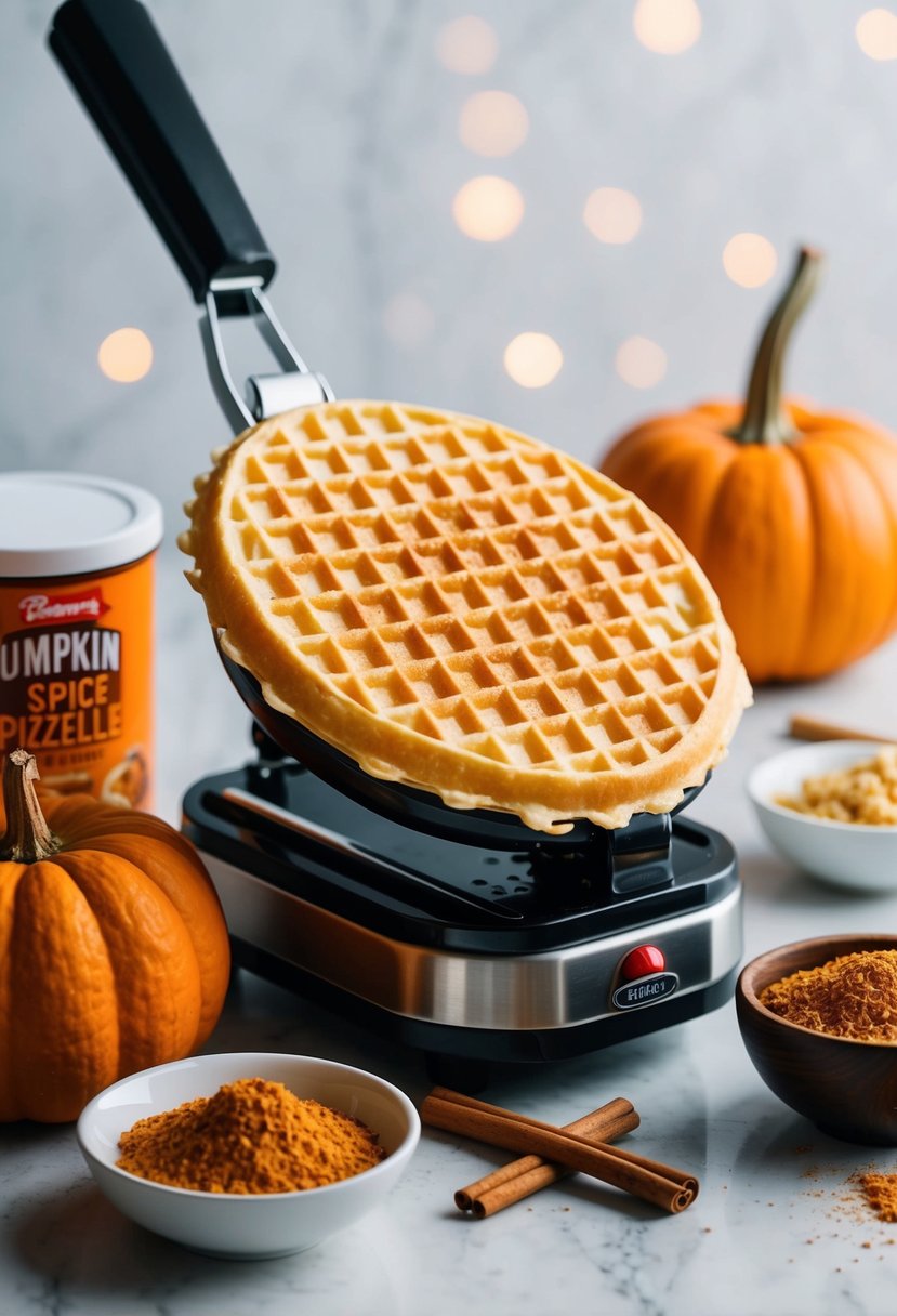 A pizzelle maker surrounded by ingredients for pumpkin spice pizzelle