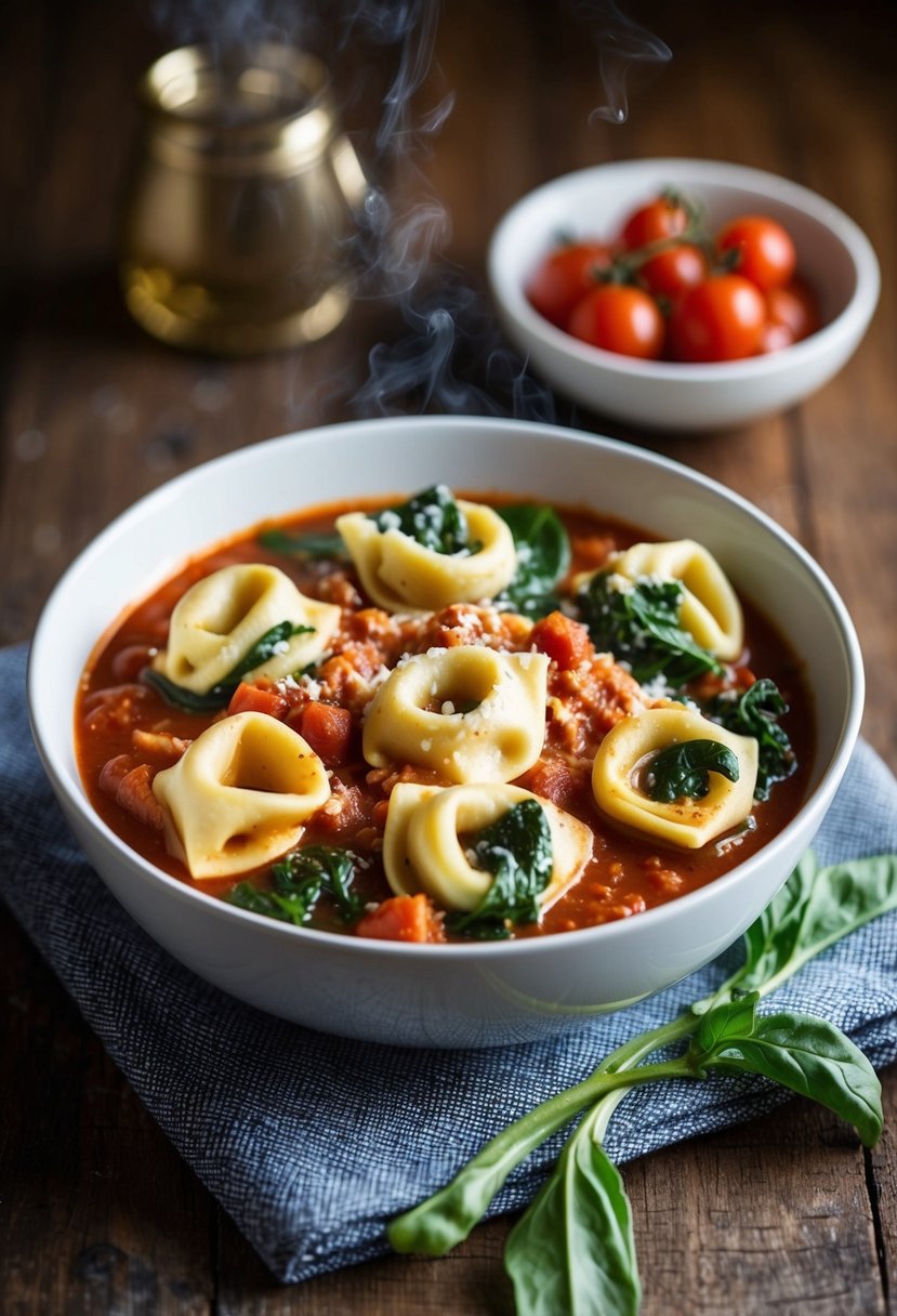 A steaming bowl of spinach and ricotta tortellini in rich tomato sauce on a rustic wooden table