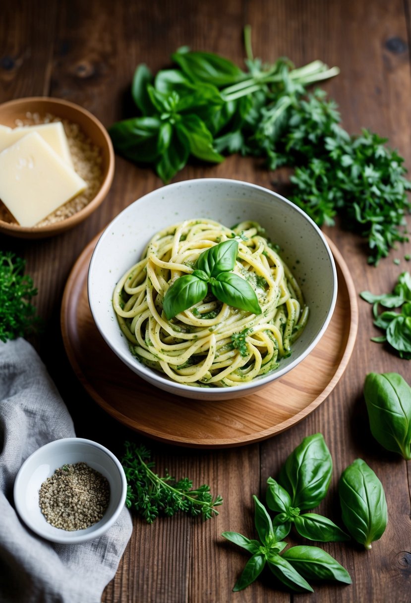 A wooden table set with a bowl of basil pesto pasta, surrounded by fresh herbs and ingredients