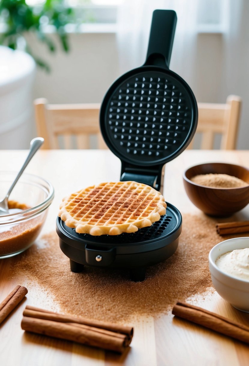 A pizzelle maker surrounded by cinnamon sugar and pizzelle batter