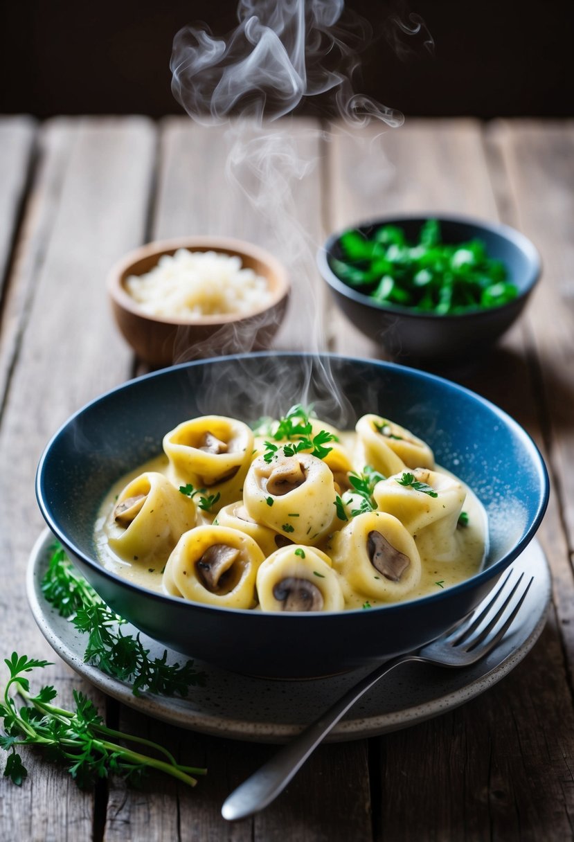 A steaming bowl of mushroom tortellini in creamy garlic sauce, garnished with fresh herbs, sits on a rustic wooden table