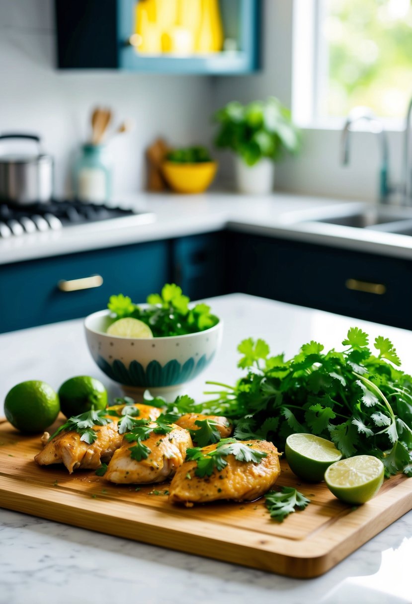 A vibrant kitchen counter with fresh cilantro, limes, and marinated chicken on a cutting board