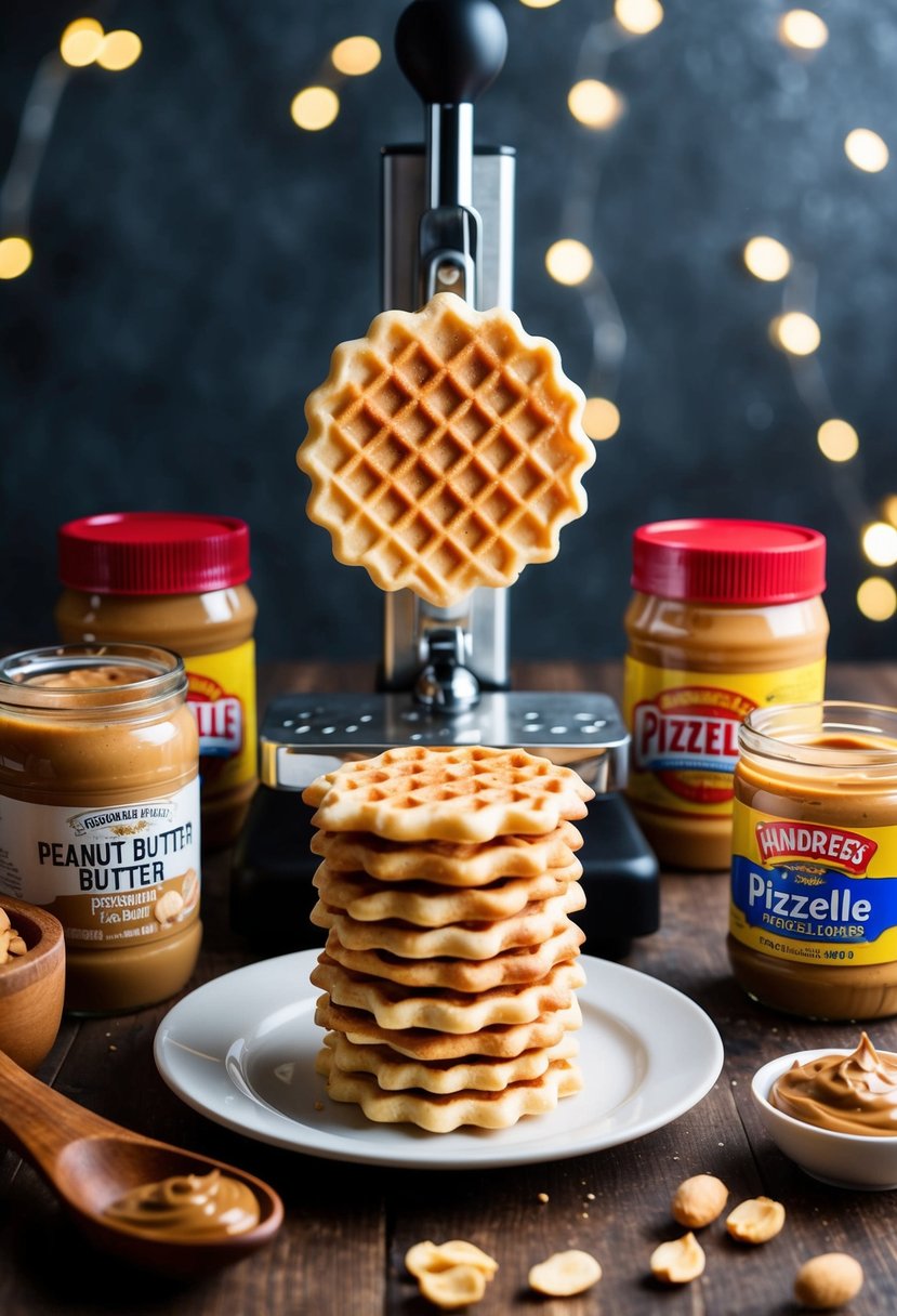 A pizzelle maker surrounded by jars of peanut butter and pizzelle ingredients, with a stack of freshly baked peanut butter pizzelles on a plate