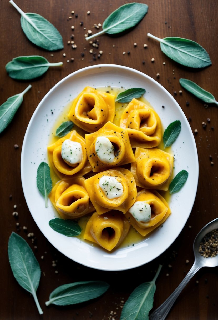 A steaming plate of pumpkin tortellini drizzled with sage butter, surrounded by scattered sage leaves and a sprinkle of black pepper