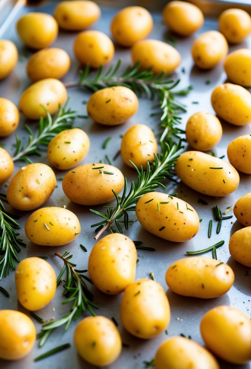 Golden potatoes scattered with fresh rosemary sprigs on a baking sheet