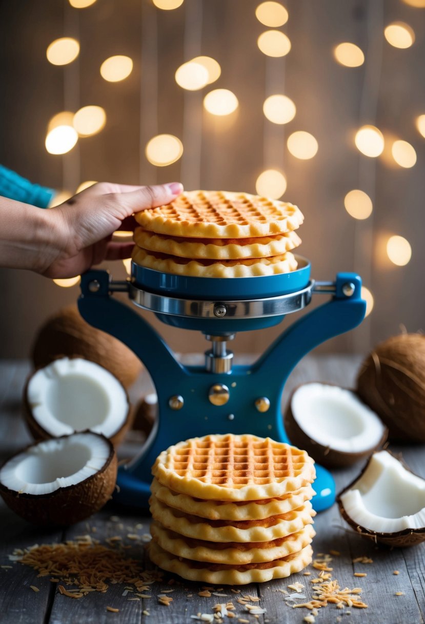 A pizzelle maker surrounded by coconut pizzelle ingredients and a stack of finished pizzelles