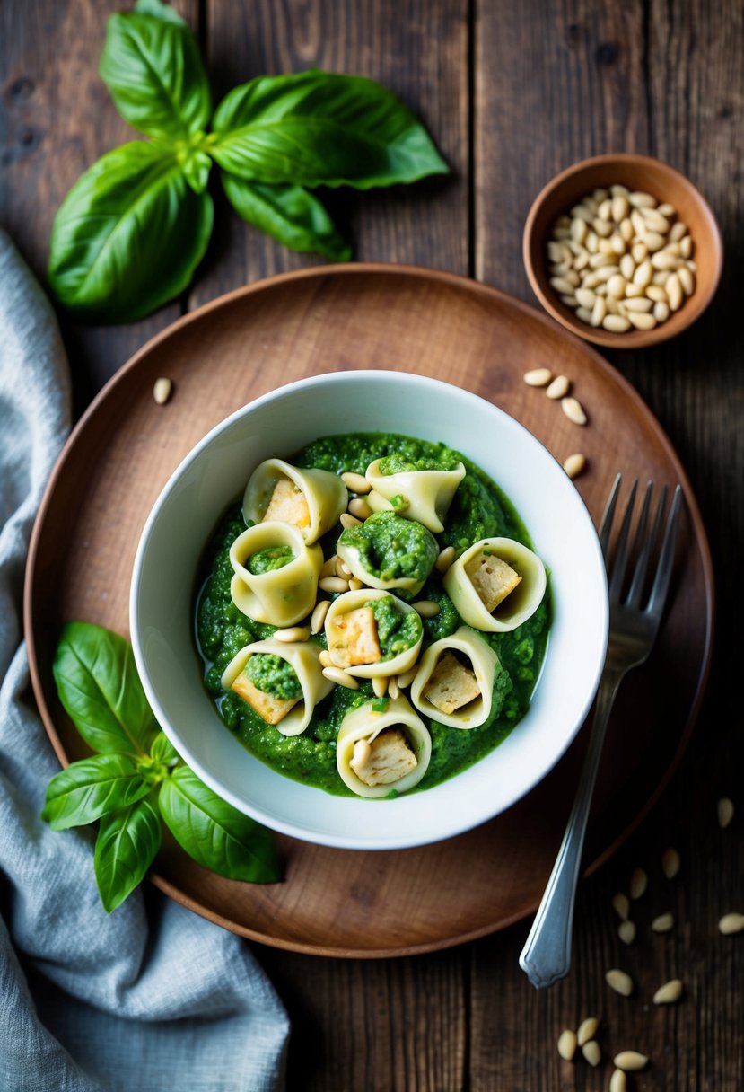 A bowl of vegan tofu-filled tortellini with vibrant green pesto sauce, garnished with fresh basil leaves and pine nuts, set on a rustic wooden table