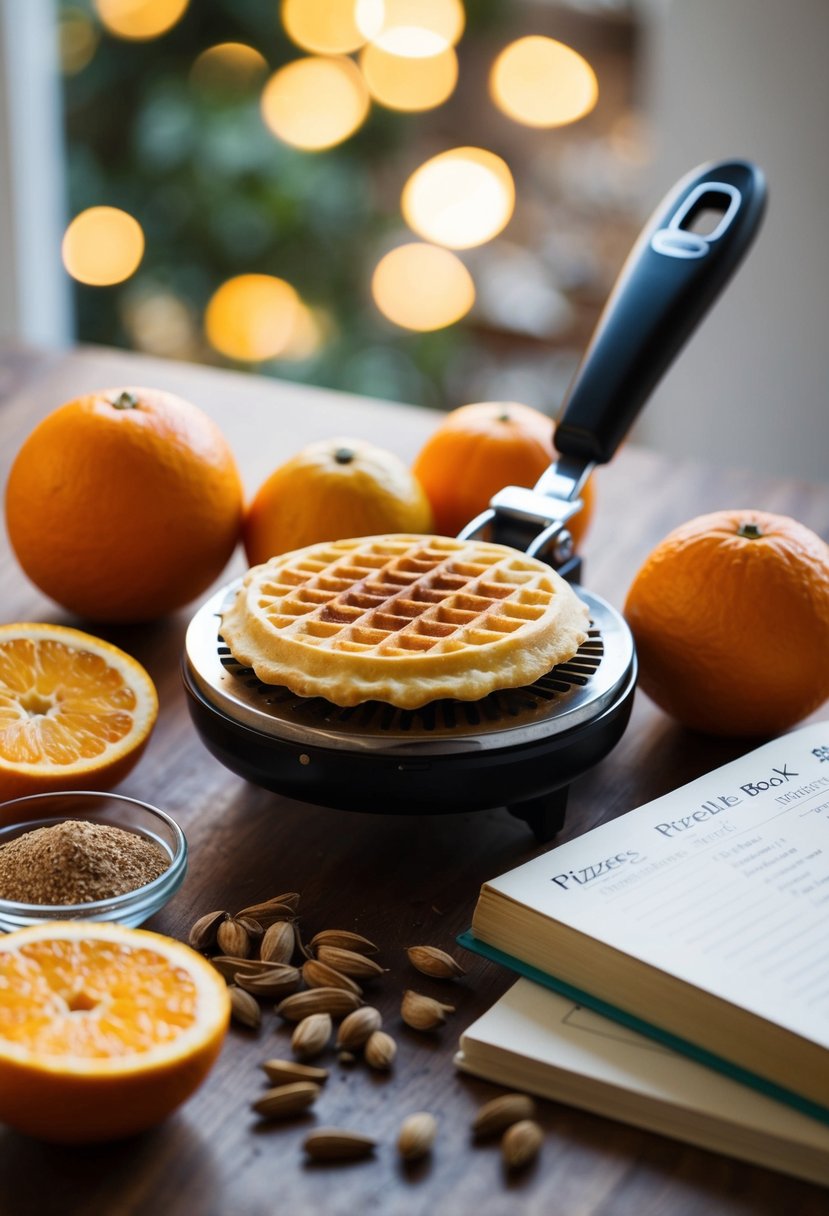 A pizzelle maker surrounded by orange and cardamom, with ingredients and a recipe book nearby