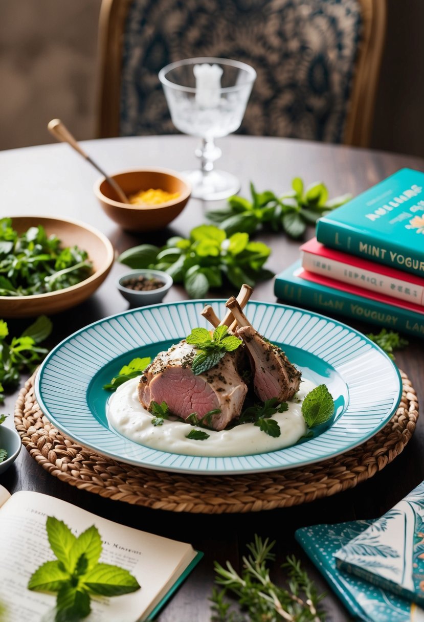 A table set with a platter of mint yogurt lamb surrounded by fresh herbs and recipe books