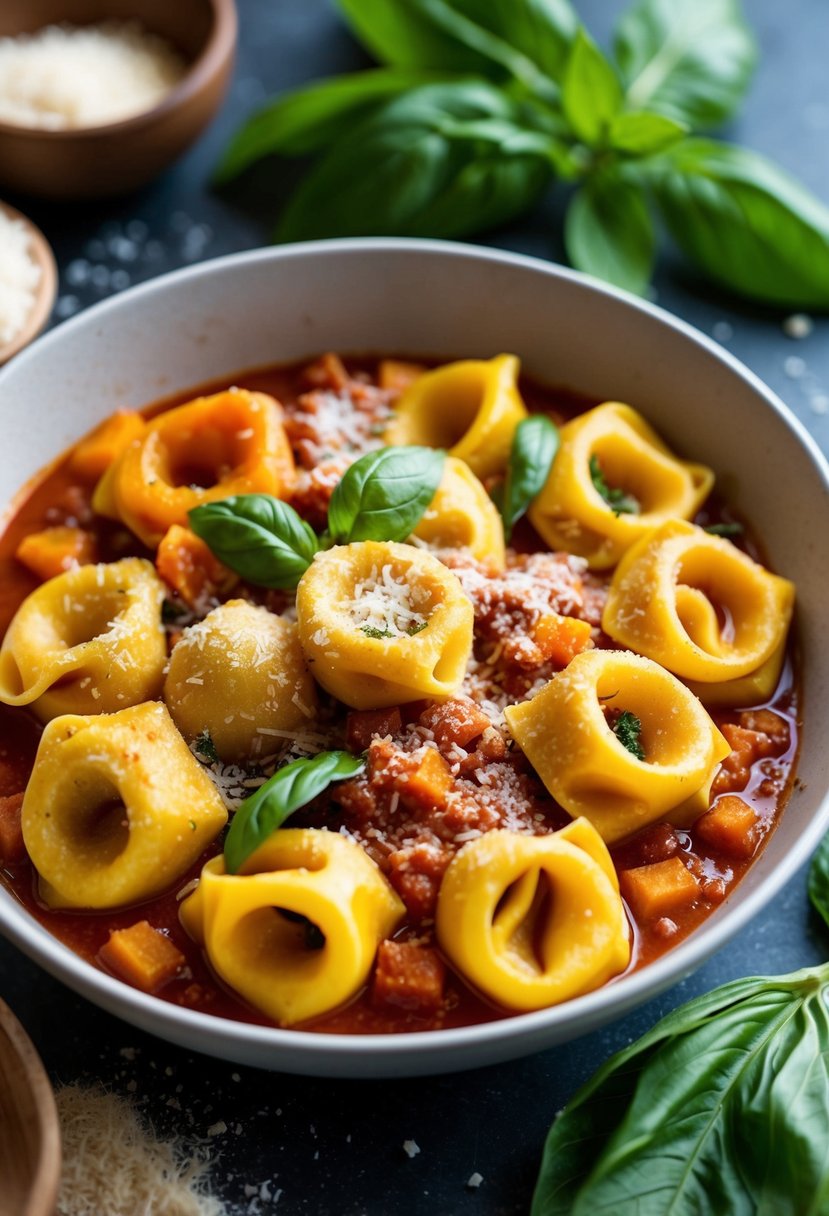 A steaming bowl of butternut squash tortellini in rich marinara sauce, garnished with fresh basil leaves and a sprinkle of vegan parmesan