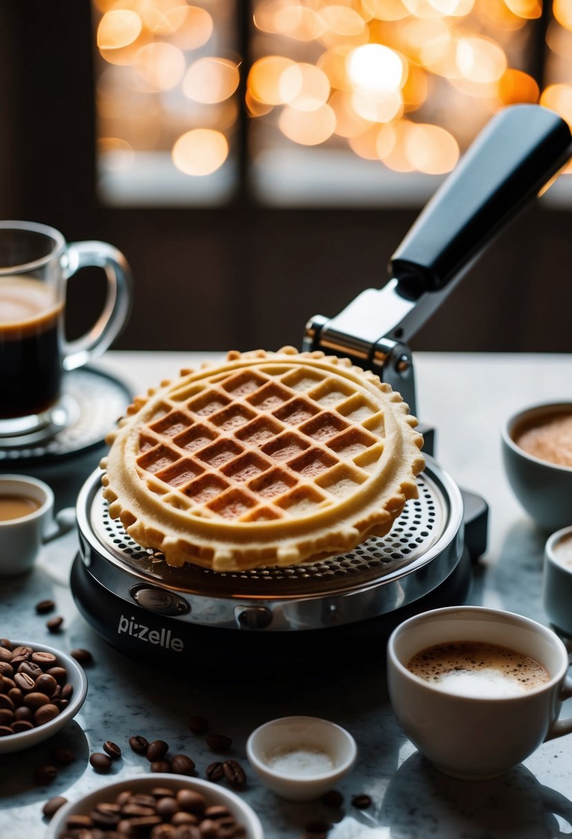 A pizzelle maker surrounded by espresso and pizzelle ingredients